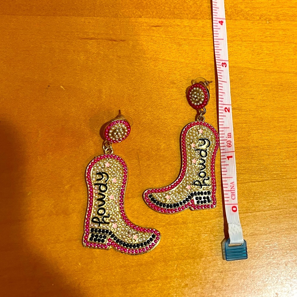 Pink & Gold Cowgirl Howdy metal boot earrings